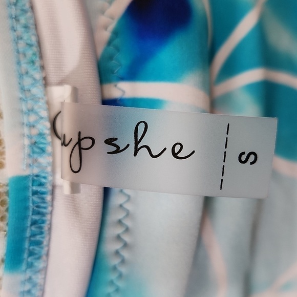 Cupshe Blue White Water Ripple Wrap Print One Piece Metal Clasp Halter Swimsuit - Picture 7 of 8